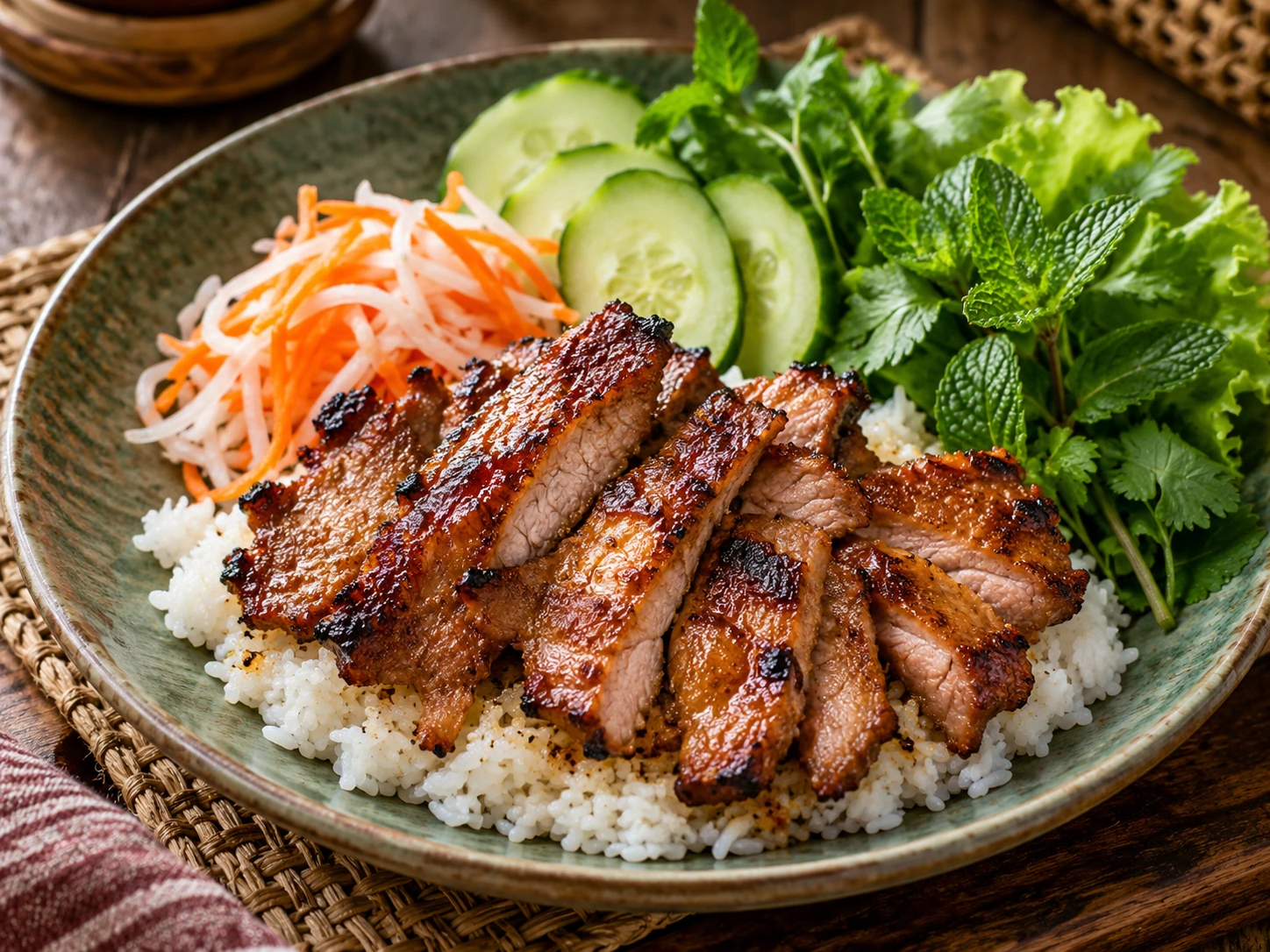 Bai Sach Chrouk, porc mariné grillé sur riz jasmin, pickles et herbes fraîches