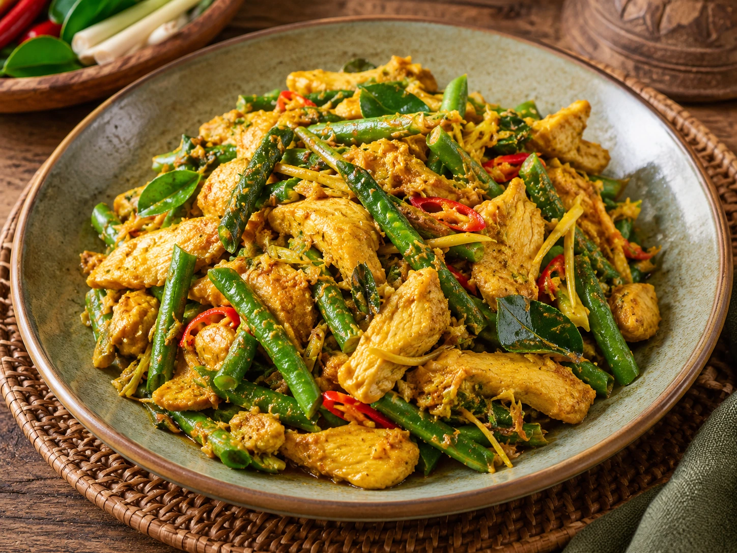 Cha Kroeung, poulet sauté aux épices khmères, haricots verts et citronnelle