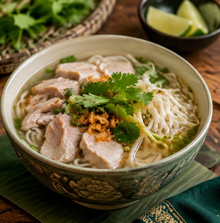 Kuy Teav, soupe de nouilles khmère servie avec des tranches de viande et de la coriandre