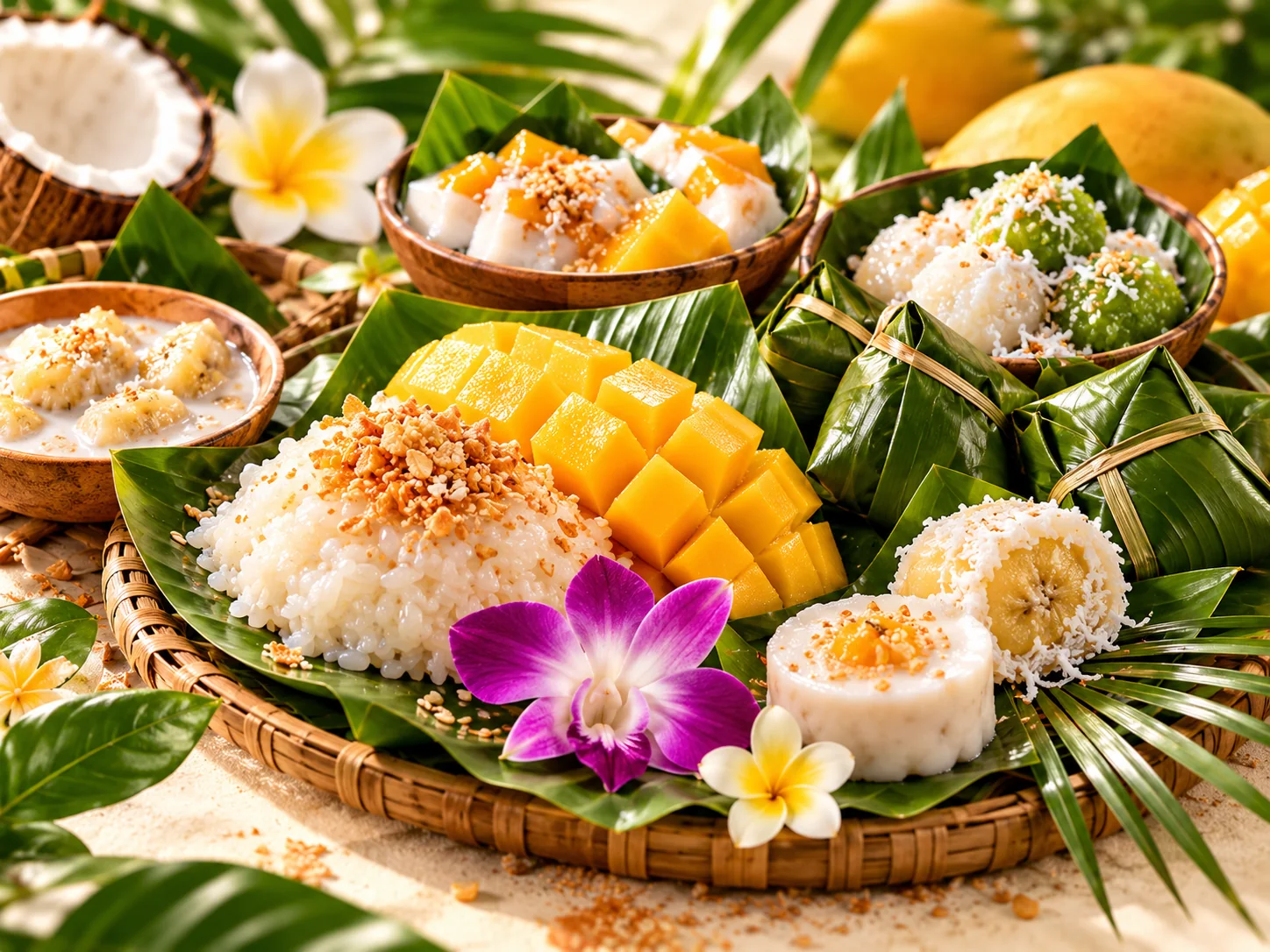 Illustration générée de douceurs d’inspiration khmère : riz gluant au lait de coco, mangue, fruits et gâteaux enveloppés de feuilles de bananier