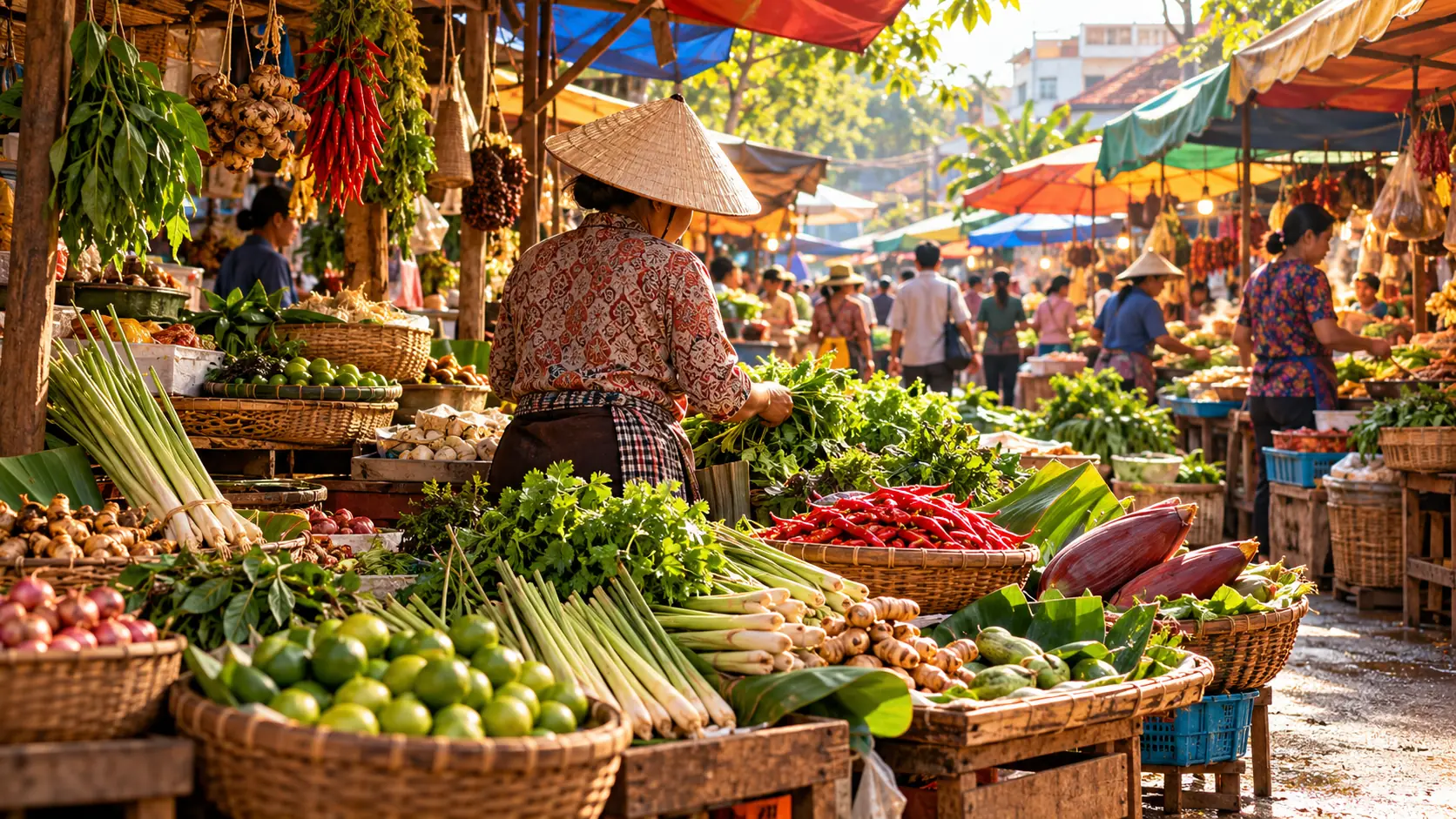 Illustration générée par IA d’un marché terrestre imaginaire d’inspiration cambodgienne, avec vendeuses, étals, citronnelle, piments et légumes