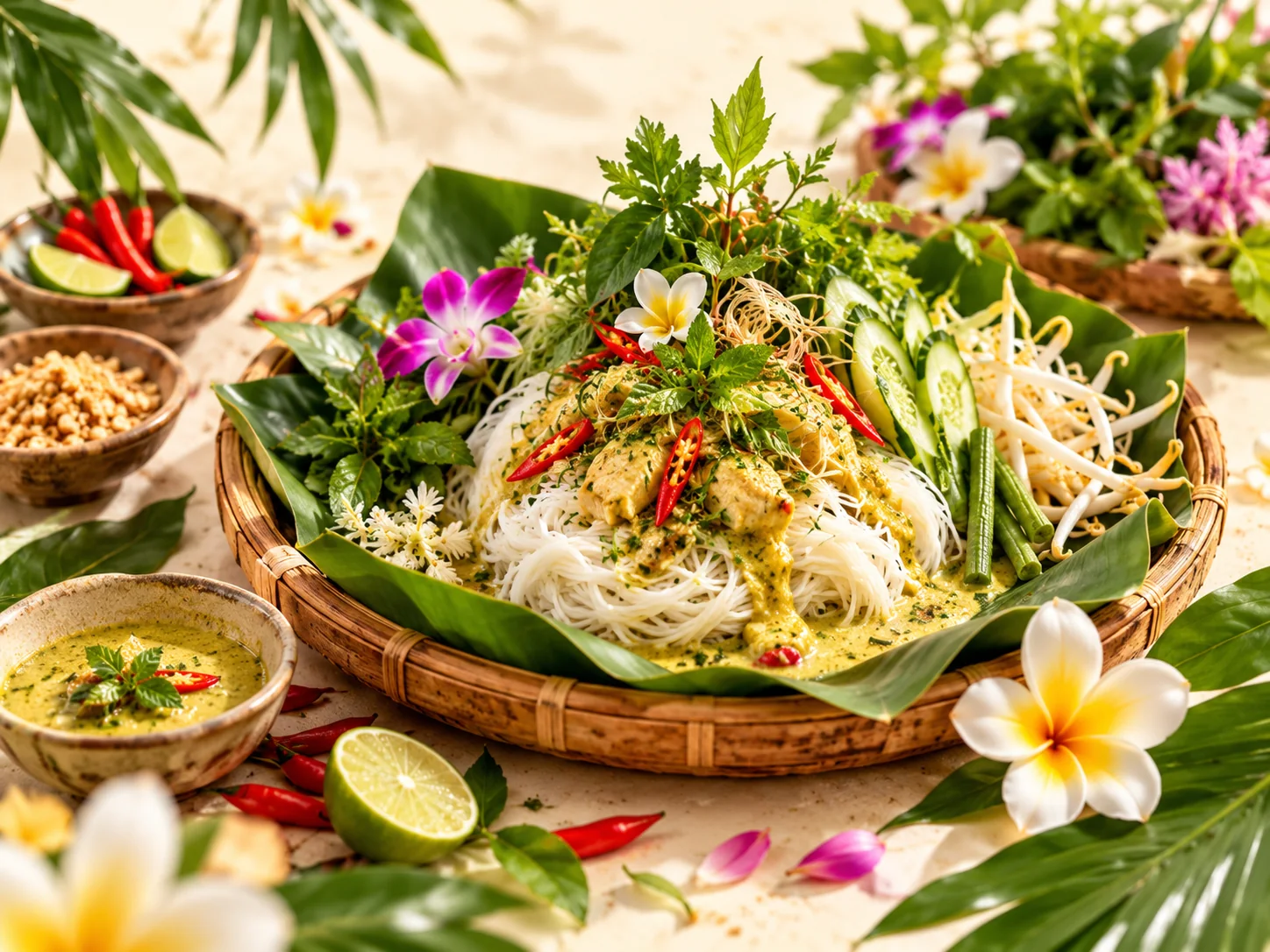 Illustration culinaire générée de Num Banh Chok aux nouilles de riz, sauce parfumée, crudités et herbes fraîches