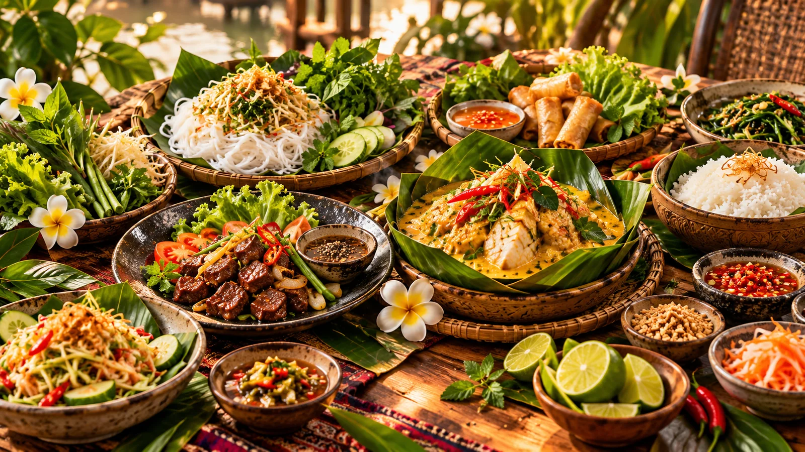 Illustration éditoriale générée d’une table conviviale d’inspiration cambodgienne, avec différents plats, currys, nouilles, riz et aromates
